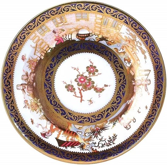 Bord metaal Bloemen blauw/goud rand Ø26cm