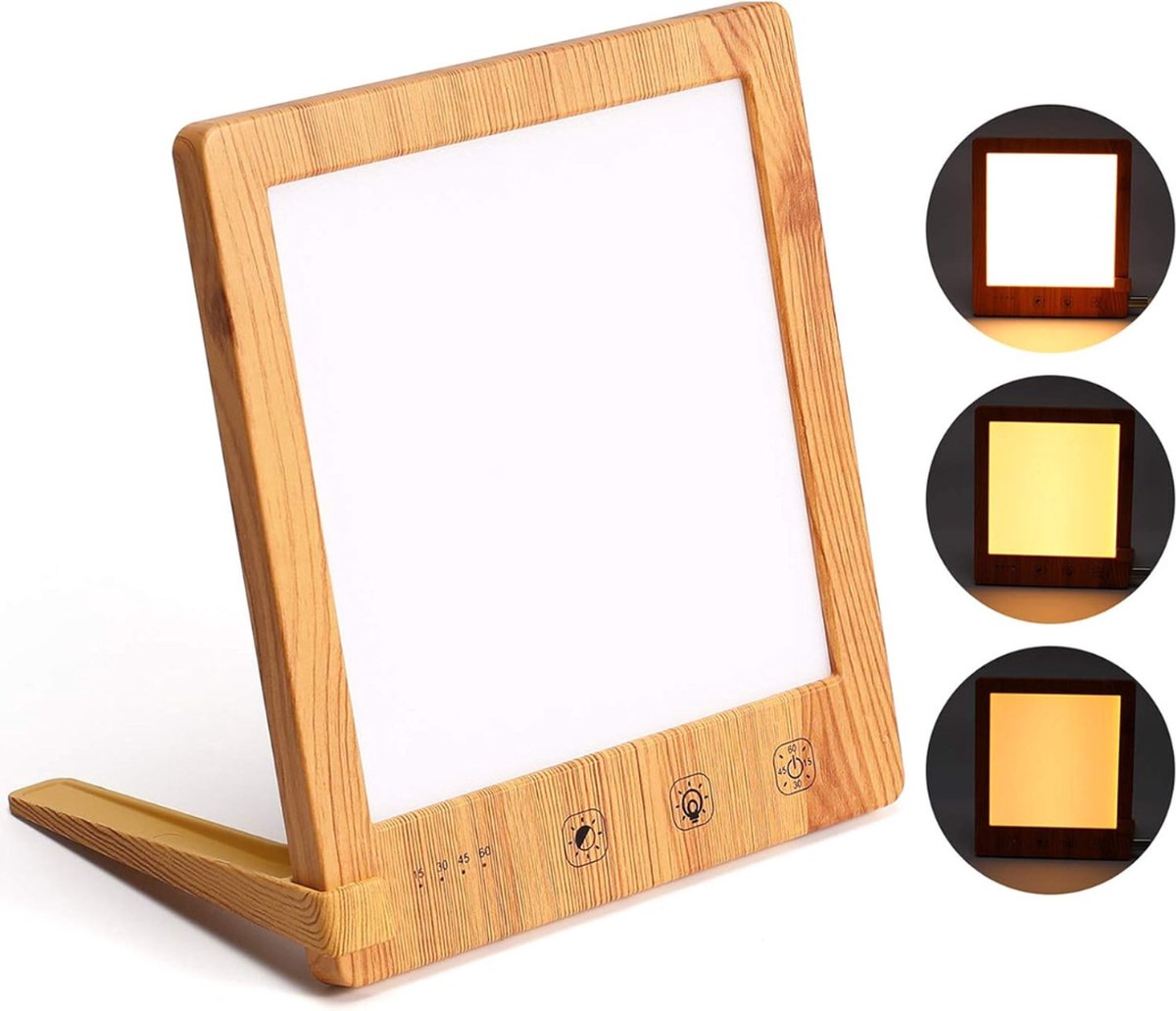 ALLGoods. Lichttherapielamp – Daglichtlamp UV-Vrij – Lichttherapie Tegen Winterdepressie met 3 Kleuren – LED 10000 LUX 5 Timers – Daglicht Lamp – Infraroodlamp – Lichttherapie Lamp – Moodlight Sunlight Lamp Hout