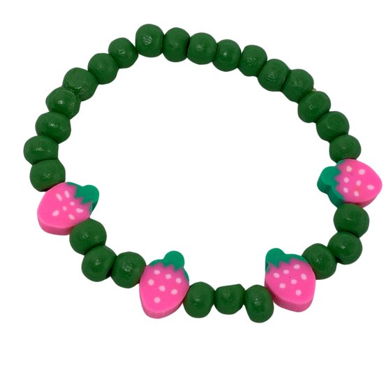 Armband -hout -groen -roze -aardbei -15 cm- kinderen- Charme Bijoux