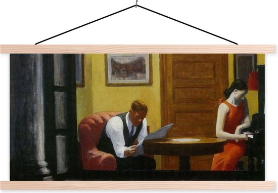 Posterhanger incl. Poster - Schoolplaat - Kamer in New York - Edward Hopper - 150x75 cm - Blanke latten