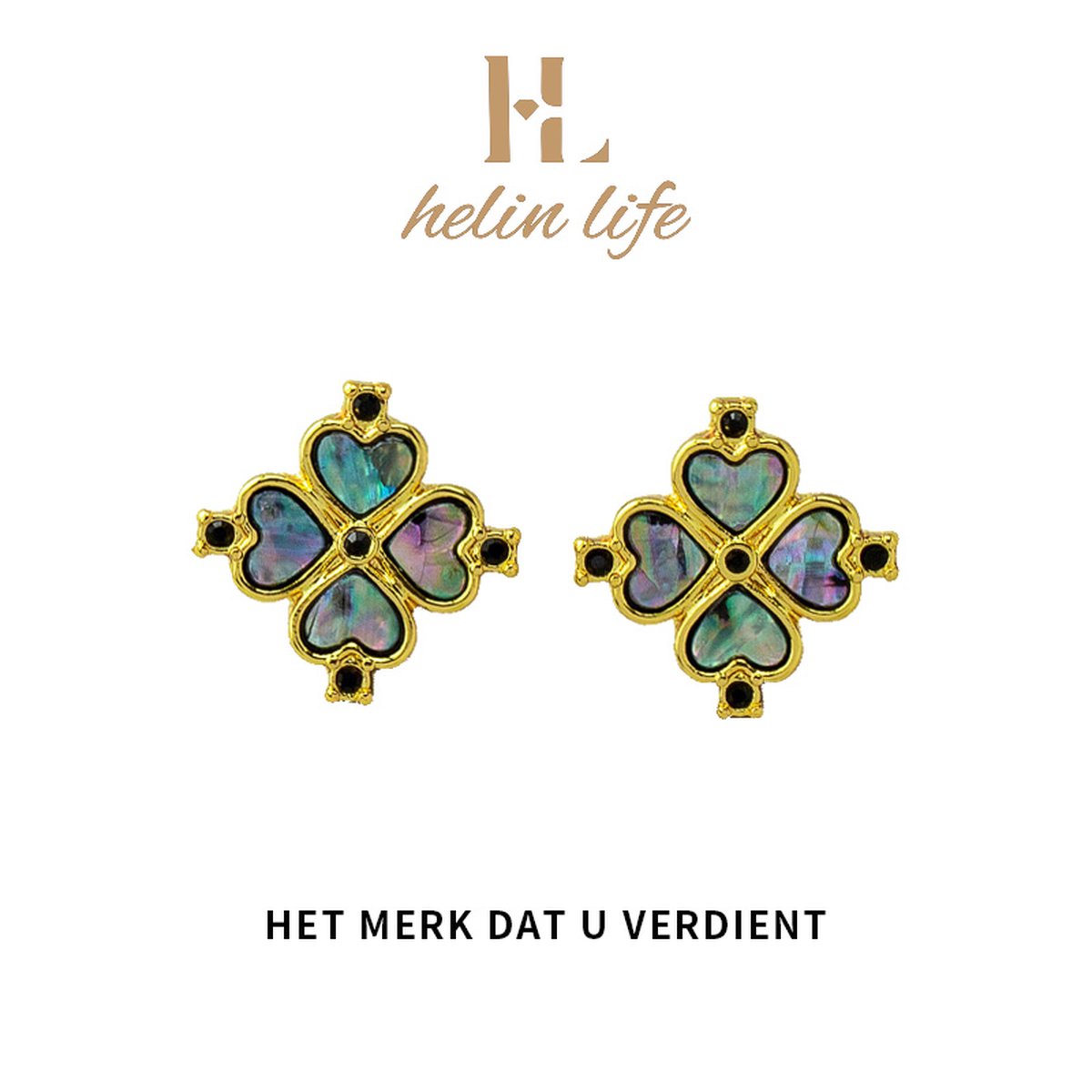 Helin Life dames oorknopjes -Oorbellen dames-Oorbellen goud-Oorbellen meisje -925 Tremella naald hypoallergeen- Schaalelement-klavertje vier- Cadeau