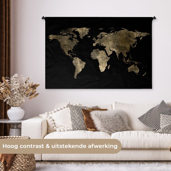 Tapisserie Cartes du mondeIllustrations de Noël - Carte du monde doré avec motif texturé sur fond noir Tapisserie coton 120x80 cm - Tapisserie avec photo