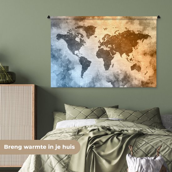 Tapisserie Cartes du mondeIllustrations de Noël - Wereldkaart avec des couleurs de peinture chaudes et froides sur un fond avec un motif texturé Tapisserie murale coton 150x100 cm - Tapisserie avec photo