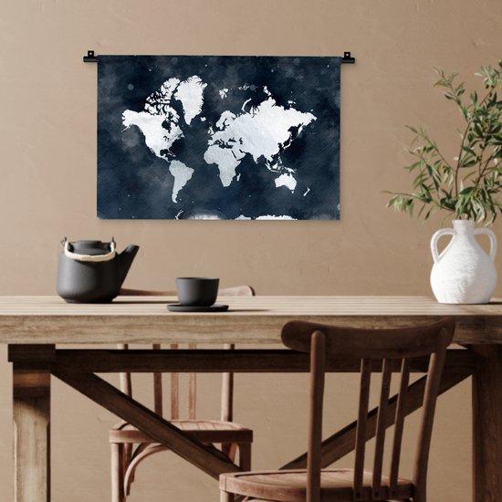Wandkleed WereldkaartenKerst illustraties - Lichtblauwe en witte wereldkaart voor een achtergrond van donkerblauwe waterverf Wandkleed katoen 60x40 cm - Wandtapijt met foto
