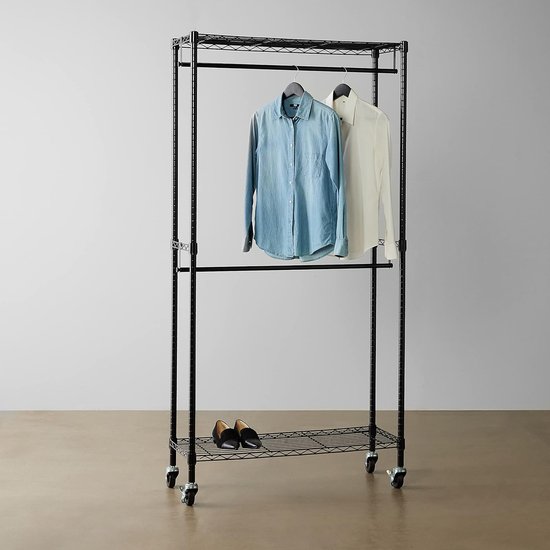 Verstelbaar, dubbele hangstang voor kleding, organizerrek voor rolkast, zwart, 91 x 35,5 x 183 cm