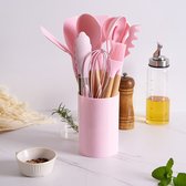 12 stuks keukenset - keuken gerei - siliconen keukenset met houder - spatel - garde - Roze