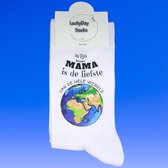Liefste Mama - Bonus Mama Moeder - Hou van je - Verjaardag - Gift - Mama cadeau - Mam -Sokken met tekst - Witte sokken - Cadeau voor vrouw - Kado - Sokken - Verjaardags cadeau voor haar - Moederdag - LuckyDay Socks - Maat 37-44