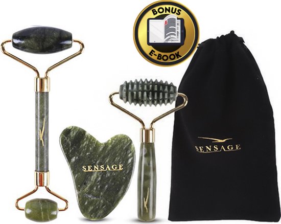 Sensage Jade roller met Gua Sha steen - Massage - 100% natuurlijk groene jade - Gezichtsroller - Face roller - Roller - Gezichtsmassage - 4-delige Beauty set