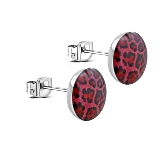 Aramat jewels ® - Zweerknopjes luipaardprint roze zwart acryl staal 7mm