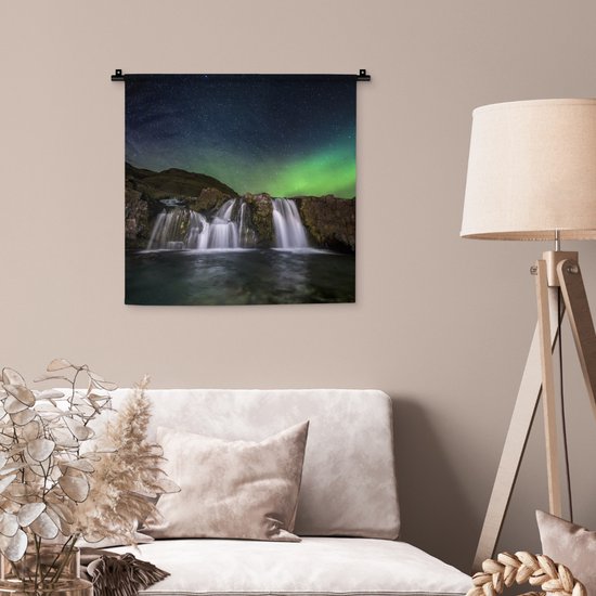 Tenture murale - Tissu mural - Aurores boréales - Cascade - Islande - 60x60 cm - Tapisserie murale