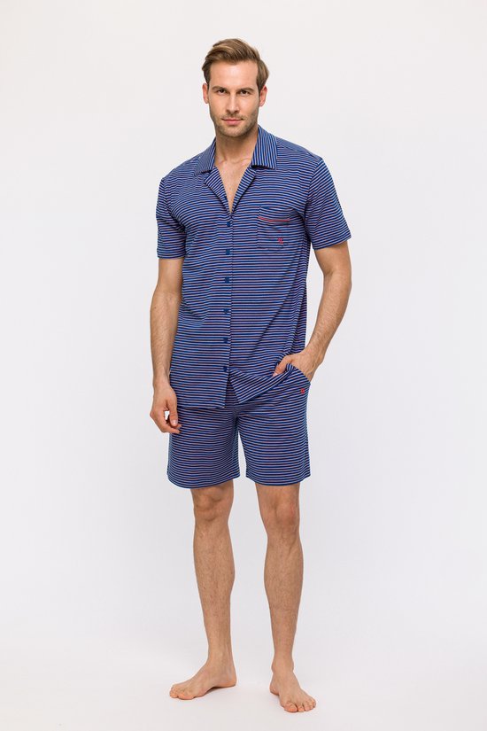 Woody doorknoop pyjama heren - marineblauw - gestreept - 241-11-MSH-Z/936 - maat M