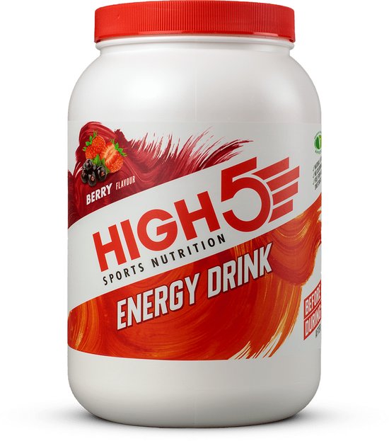 Wit potje met rode dop, HIGH5 Sports Nutrition Energy Drink met bessen smaak en afbeelding van bosbessen en aardbeien.
