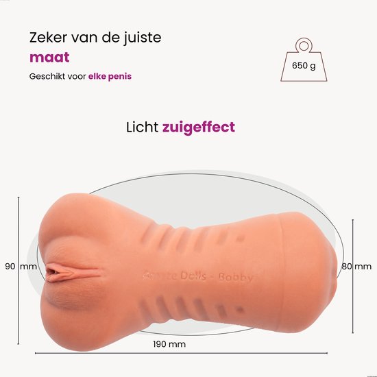 Een roze masturbator met vaginale opening, afgebeeld met afmetingen: 190 mm lengte, 90 mm en 80 mm breedte. Gewicht is 650g.