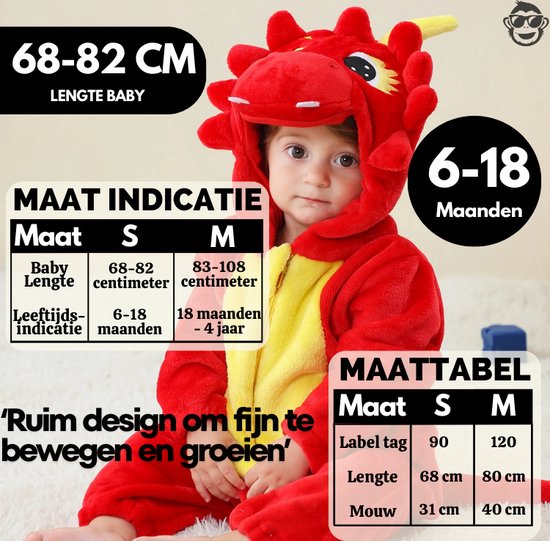 BoefieBoef Dieren Baby Onesie Peuter Pyjama Kinderen 6 maanden - 2 jaar – Draak rood – Verkleedkleding met Luierrits – Carnaval Dierenpak - Kerst en Kraamcadeau Tip – Zacht Flanel - Romper - Boxpak - Jongens - Meisjes - Kruippak - Winterpak - China