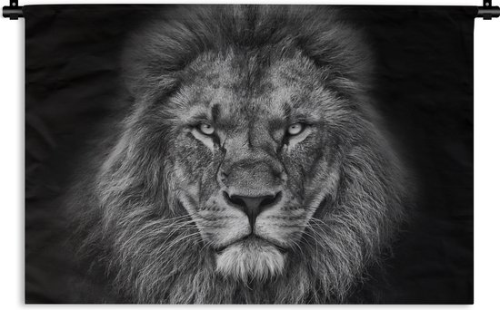 Wandkleed - Wanddoek - Dieren - Leeuw - Zwart - Wit - Portret - 150x100 cm - Wandtapijt