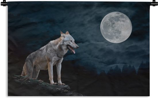 Wandkleed - Wanddoek - Wolf - Maan - Nacht - Dieren - Portret - 60x40 cm - Wandtapijt