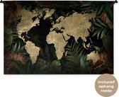 Wandkleed WereldkaartenKerst illustraties - Zandkleurige wereldkaart met structuurpatroon omlijst met tropische bladeren en bloemen Wandkleed katoen 150x100 cm - Wandtapijt met foto
