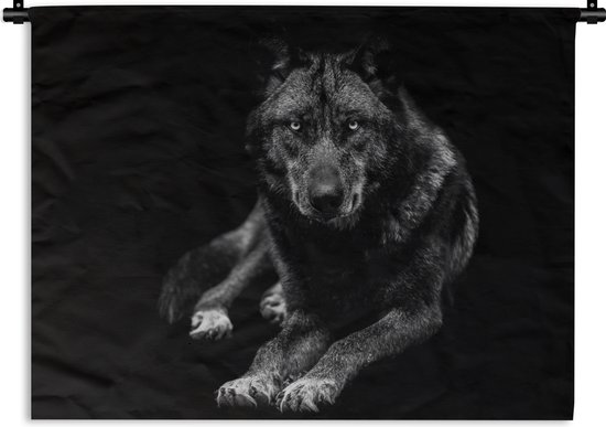 Wandkleed - Wanddoek - Dieren - Wolf - Zwart - Wit - Portret - 60x45 cm - Wandtapijt