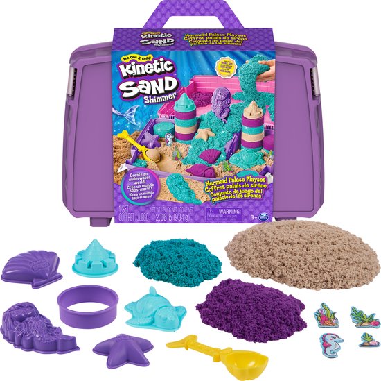 Foto: Kinetic sand shimmer zeemeerminkoffer 907g origineel kinetisch zand in 3 kleuren met 6 vormen en 1 schep