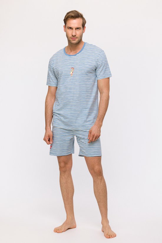 Woody Jongens-Heren Pyjama blauw-witte streep - maat S