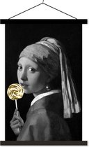 Boucle d'oreille Fille à la perle du maître ancien Johannes Vermeer en noir et blanc avec sucette dorée 120x180 cm XXL / Groot format !