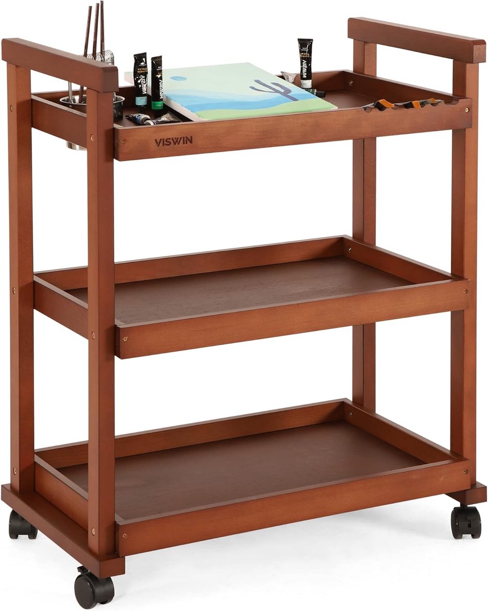 Opberg-organizer van massief beukenhout, 3-laags rol-utility-studio-tablet met wielen, multifunctionele opbergwagen walnoot