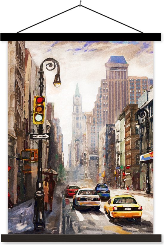 Porte-affiche avec affiche - Affiche scolaire - Peinture - Ville - Voiture - Peinture à l'huile - 40x53 cm - Lattes noires