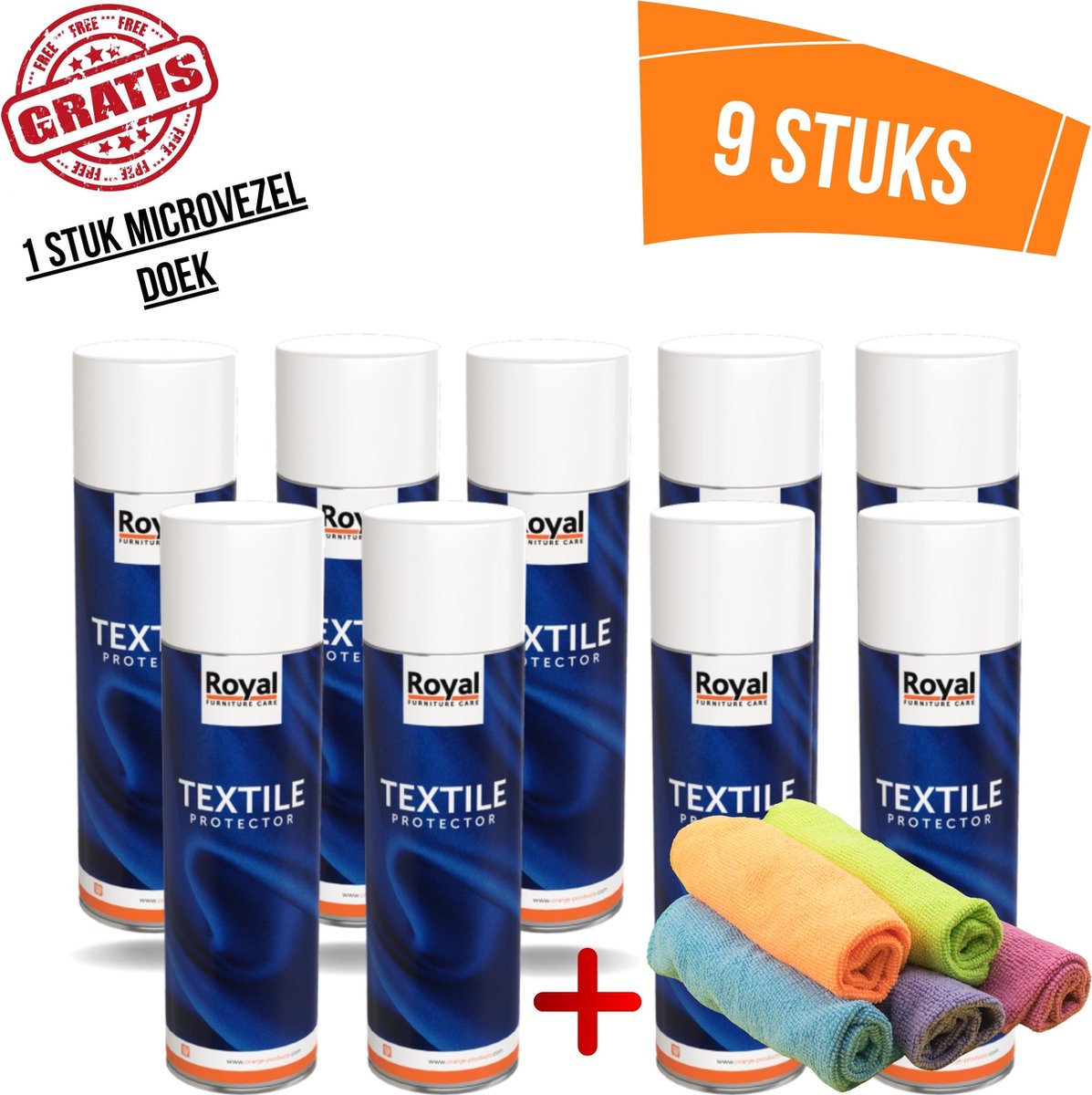 Royal Furniture Care, Textile protector, Textiel Beschermer, Spray, 9-pack, 4500ml+ (Gratis) 1 stuk Microvezel Doek
