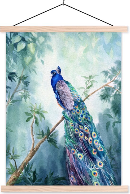 Schoolplaat - Pauw - Pauwenveren - Verf - Bladeren - Groen - Muurdoek - 40x53 cm - Textielposter