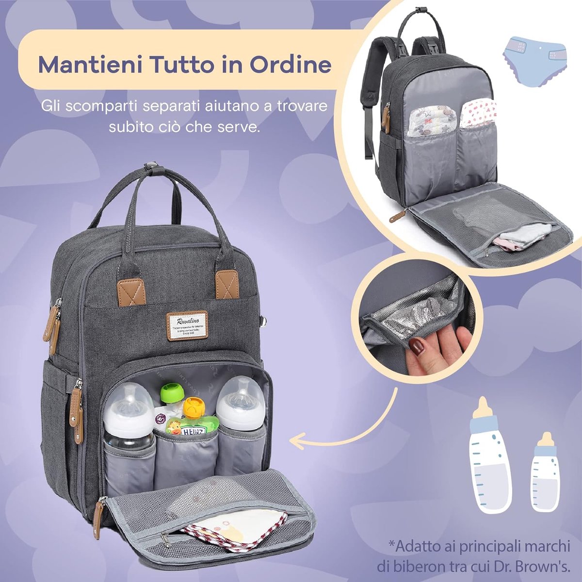 Luiertas Rugzak met Verschoonmatje - Babycommode Rugzak Luiertas Rugzak Met Draagbaar Verschoonkussen - Fopspeenhouder En Kinderwagenriemen - Grijs Babytas - Multifunctioneel Voor Mama En Papa, – foto 2