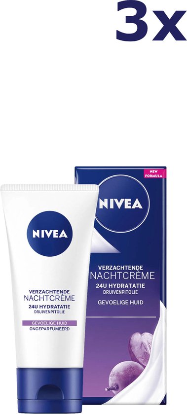 NIVEA Essentials Sensitive Nachtcrème - Gevoelige huid - Ongeparfumeerd en pH-neutraal - Met zoethoutextract en druivenpitolie - 3 x 50 ml - NIVEA