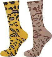 SOXO Dames Luipaardprint Sokken Set - Geel & Licht Bruin - Maat 35-40 (2 Paar)