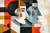 JJ-Art (Glas) 90x60 | Man en vrouw in Mondriaan stijl, kubisme, abstract, kunst | portret, mens, gezichten, vrouw, blauw, bruin, rood,wit, modern | Foto-schilderij-glasschilderij-acrylglas-acrylaat-wanddecoratie