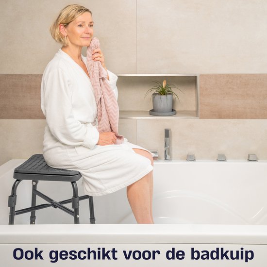 Sanicraft® Douchestoel - Douchekruk met Armleuning & Douchekophouder - Stoel & Kruk in 1 - Verstelbare Hoogte - Anti-Slip Poten - Zwart