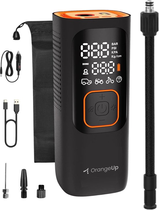 OrangeUp Smart Pump | 6-in-1 Draagbare Compressor Bandenpomp - Luchtcompressor - Oplaadbaar - Fiets Tot Auto - Elektrische Fietspomp - Zaklamp en Powerbank functie - Inclusief opzetstukken - 7500 mAh Batterij Sterkste Op De Markt