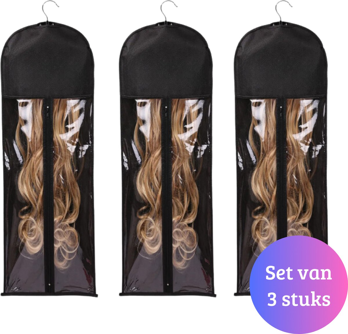 Janse® Extension hoezen set van 3 - Zwarte extension organizer - Extension tas - Pruiken opbergzak - Haarstukjes - Opbergtas haarextensions - Wig organizer - Haaraccesoires organizer - Haarverzorging - Pruik organizer voor op reis