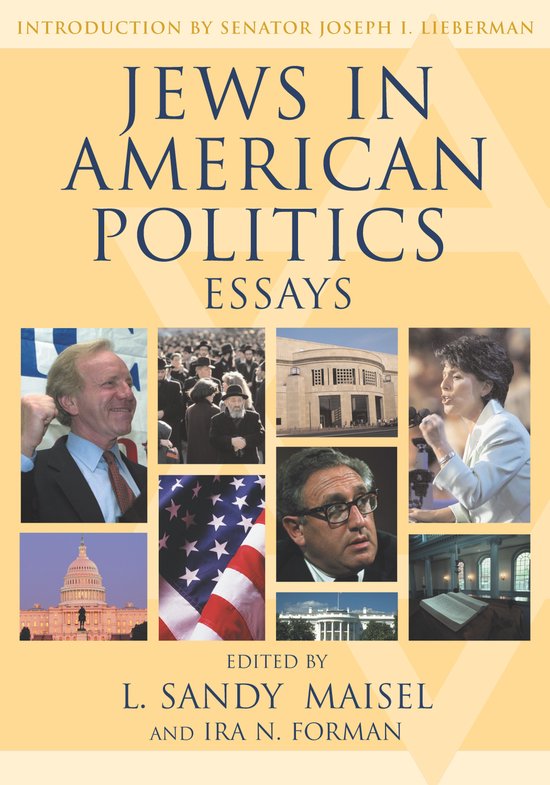 Couverture de livre avec des portraits de politiciens et le drapeau américain, avec le titre 'Jews in American Politics'.