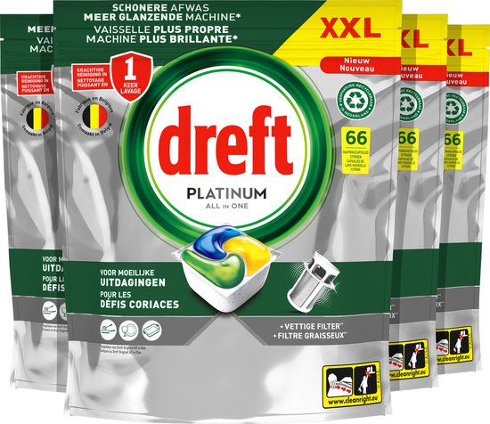 Dreft Platinum All In One - Vaatwastabletten - Citroen - Voordeelverpakking 4 x 66 Capsules
