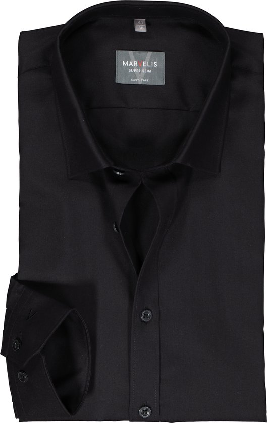 MARVELIS super slim fit overhemd - mouwlengte 7 - popeline - zwart - Strijkvriendelijk - Boordmaat: