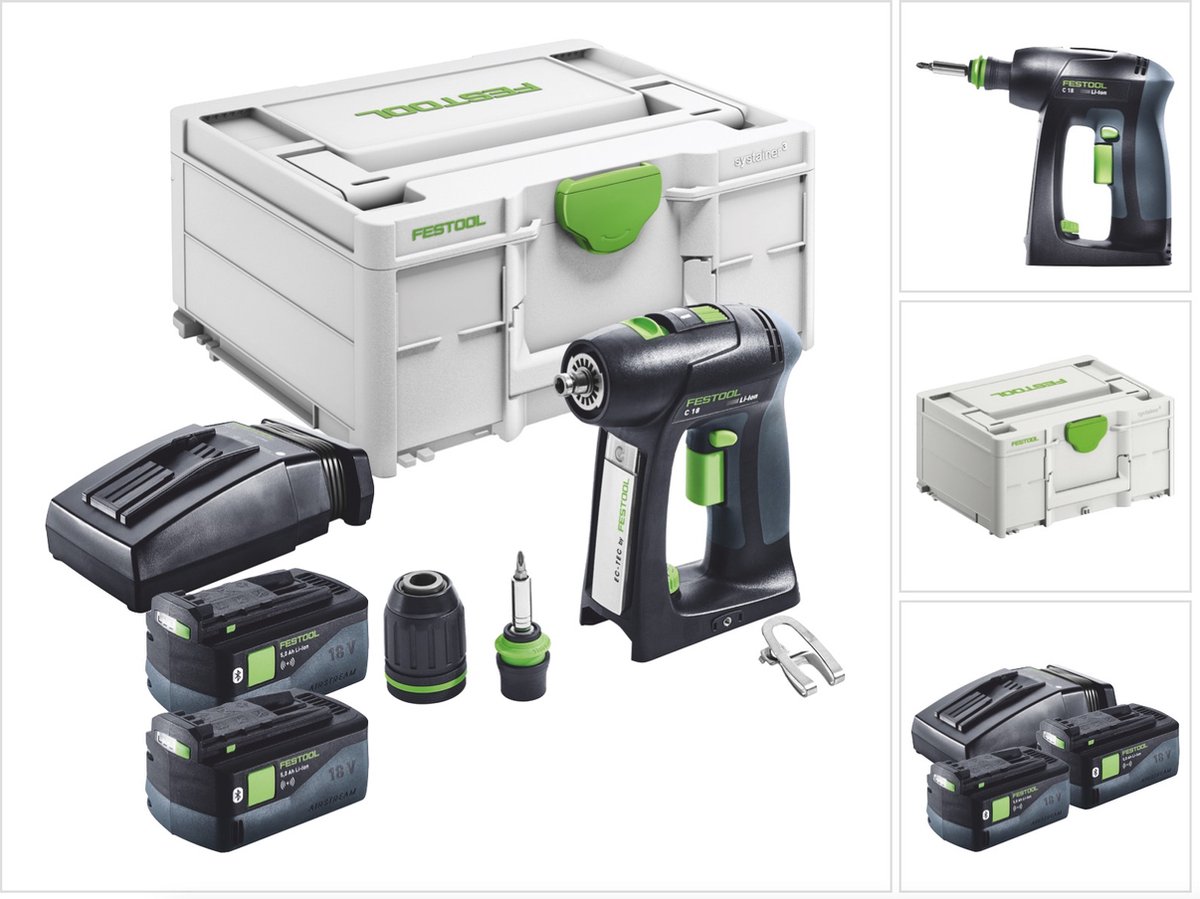 Festool C 18-Basic accuschroefboormachine 18 V 45 Nm borstelloos + 2x accu 5.0 Ah + lader + systainer