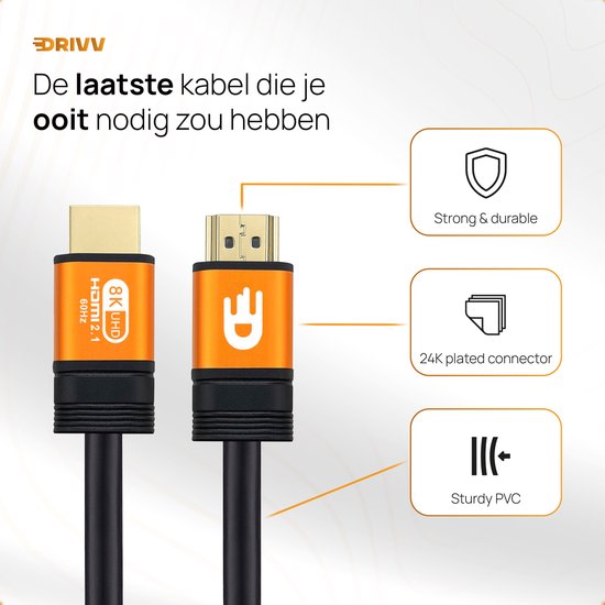 Drivv. Premium HDMI Kabel 2.1 - Ultra HD High Speed 8K - HDMI naar HDMI - Xbox Series X & PS5 - 3 meter - Oranje - Drivv.