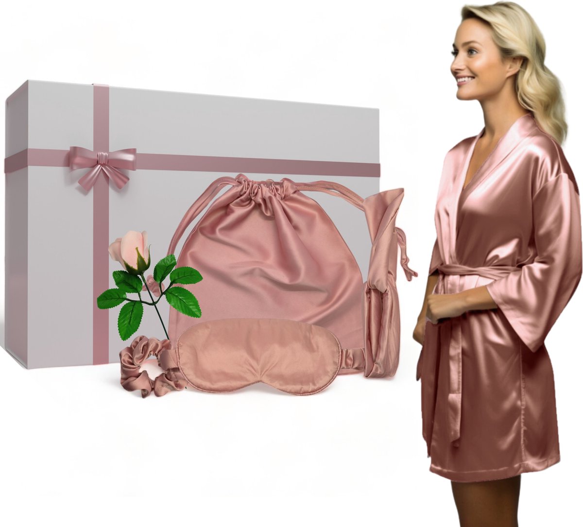 Goedkoopste Moondrops - Giftset vrouw - Satijn - 6-delig - Kimono - Slaapmasker - Moederdag Pakket - Kerstcadeau voor vrouw - Inclusief geschenkdoos - Kerstpakket - Roze