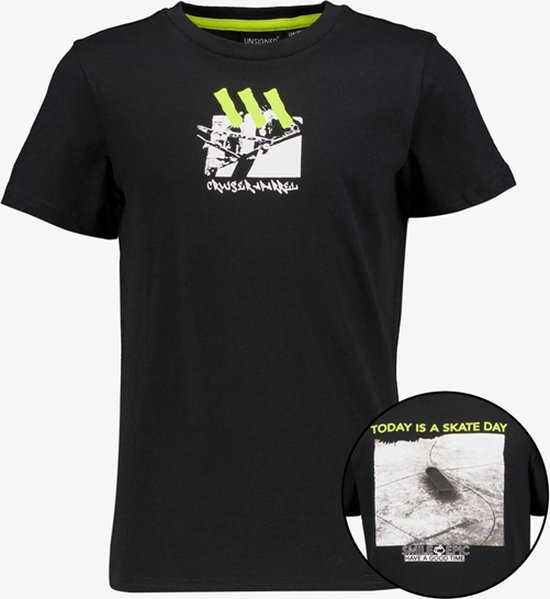 Unsigned jongens T-shirt met backprint skateboard - Zwart - Maat 134/140