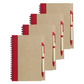 Notitie/opschrijf boekje met balpen - 4x - harde kaft - beige/rood - 18x13cm - 60blz gelinieerd - blocnotes