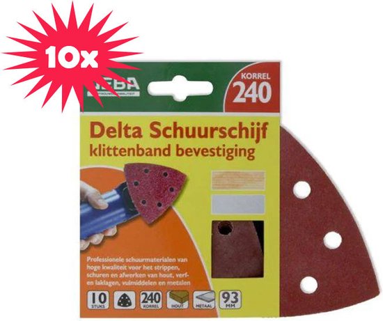 Verpakking van 10 Delta schuurschijven, korrel 240, klittenband bevestiging.