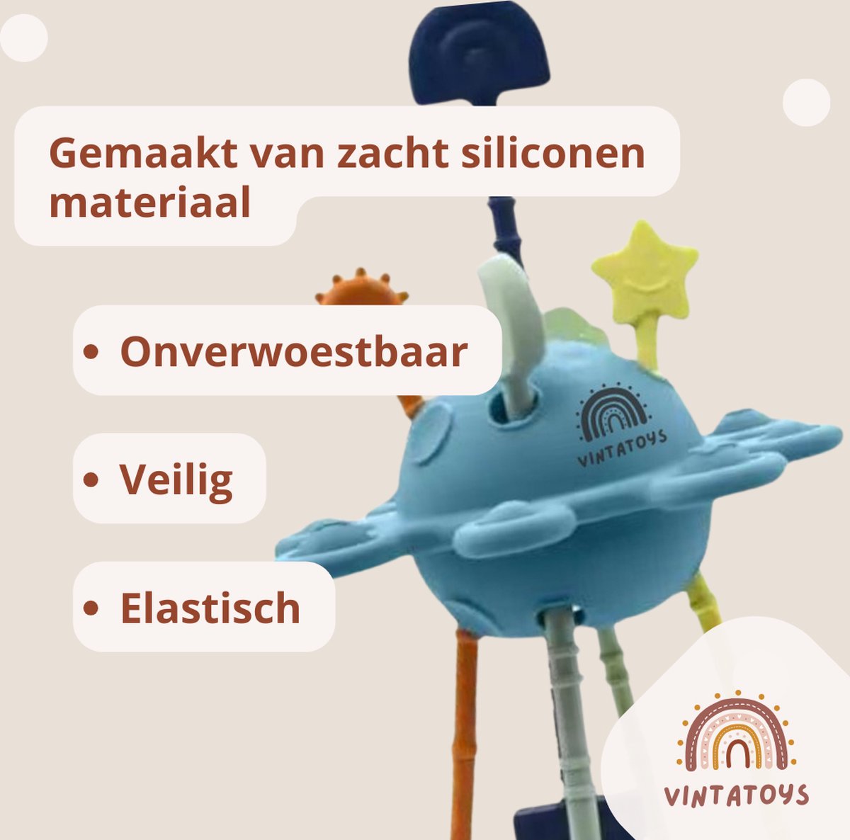 VintaToys UFO Trekspeelgoed Baby 6 Maanden – Sensorisch Montessori Speelgoed – Food Grade Siliconen – BPA-vrij – Fijne Motoriek – Blauw — afbeelding 2