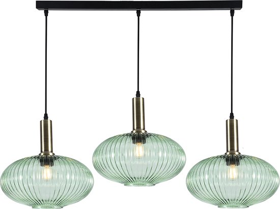 Olucia Charlois - Retro Hanglamp - 3L - Glas/Metaal - Goud;Groen - Rechthoek