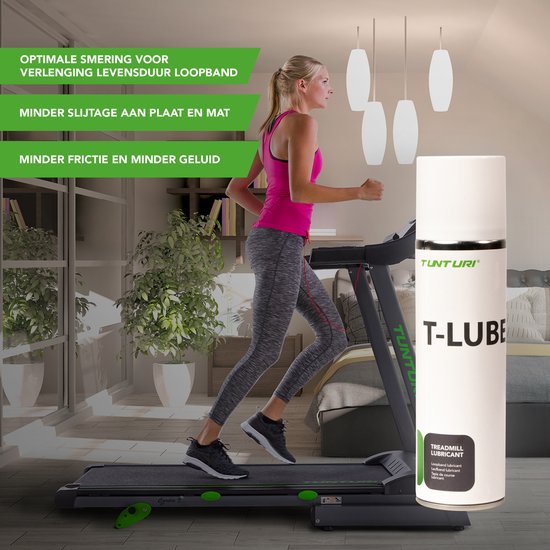 Vrouw op loopband met Tunturi T-Lube spray voor optimale smering, minder slijtage en geluid.