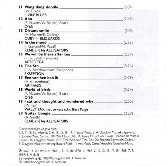 Lijst van 20 Nederpop hits uit de jaren 60, deel 1, met artiesten en titels.