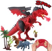 Afstandsbediening Dinosaurus Speelgoed met Wandelen, Gesimuleerde Brullen, Brand Ademhaling Effect en Hoofd Schuddende Functies voor Kinderen - 3 Mini Dino Cijfers en Accessoires Inbegrepen (Rood)